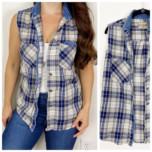 VINTAGE VISION Blue Gray Plaid Knit Jean Collar Button Shirt Vest Large Grunge - Picture 1 of 6